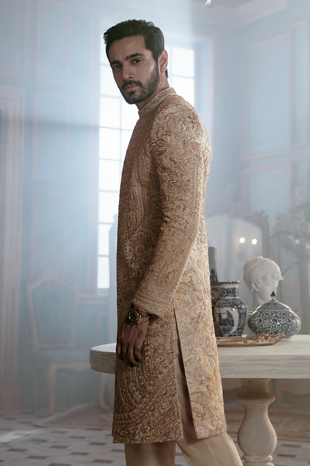 Hand-Embroidered Mens Groom Sherwani in Jamawar