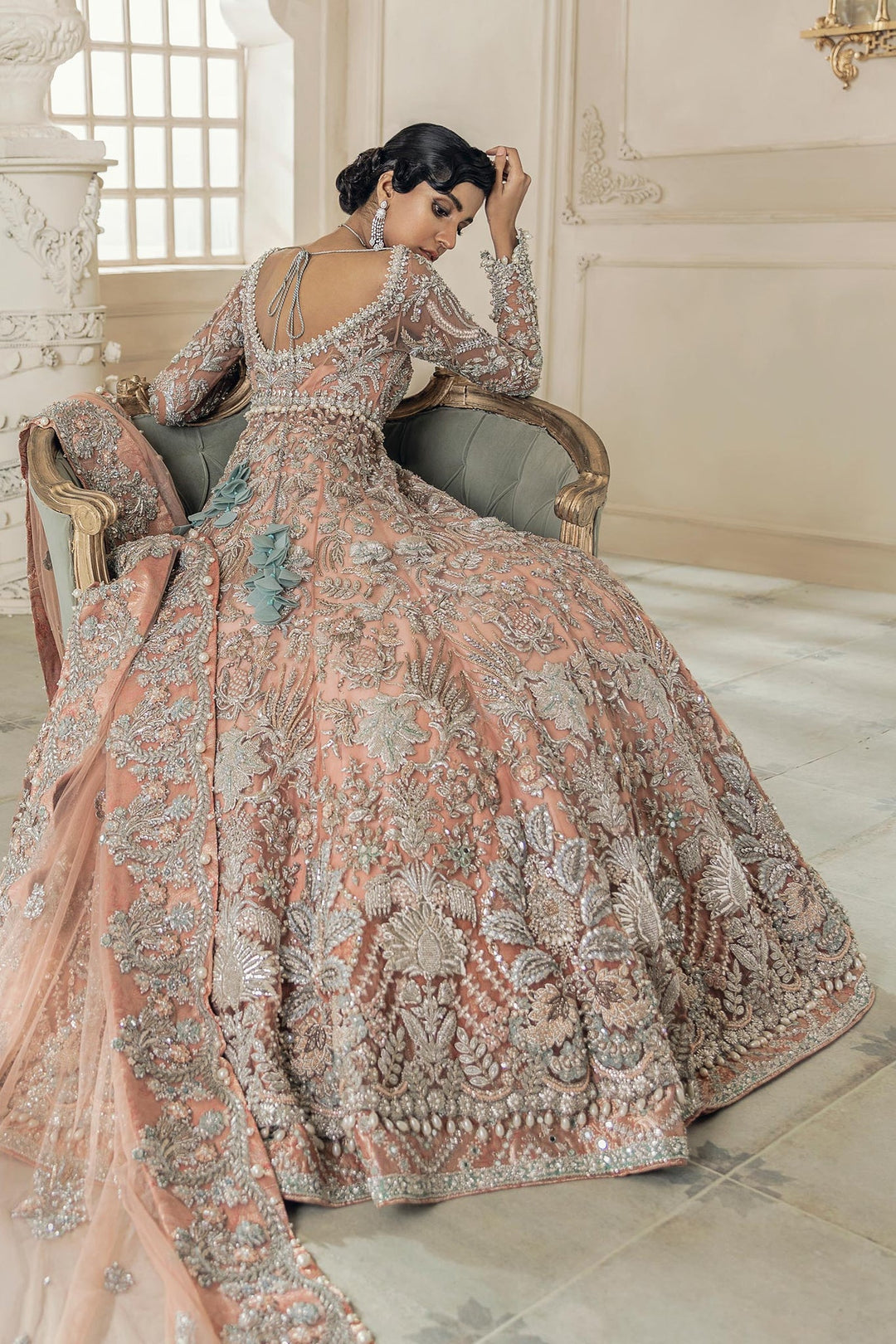 Heavily Embellished Baby Pink Lehenga Gown for Bridal Wear 2022