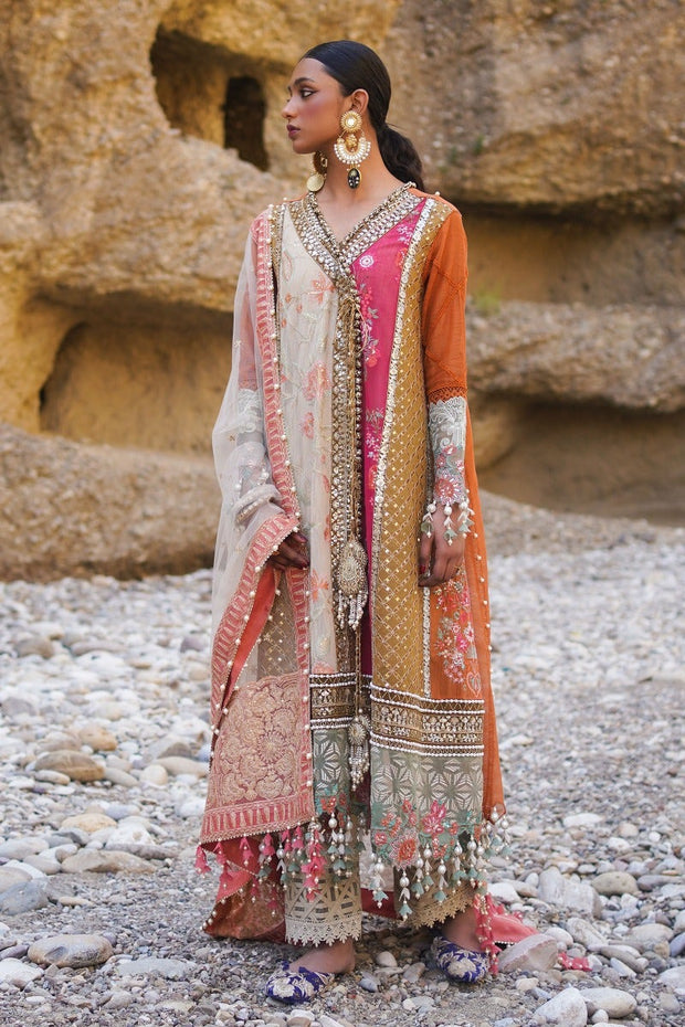 Embellished Sana Safinaz Orange Net A-line Kameez Salwar