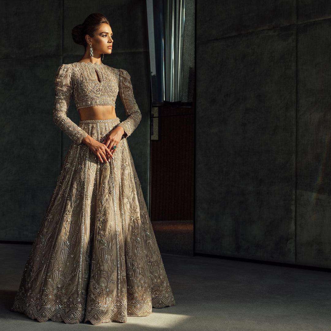 Heavy Bridal Grey and Gold Lehenga Choli Dress 