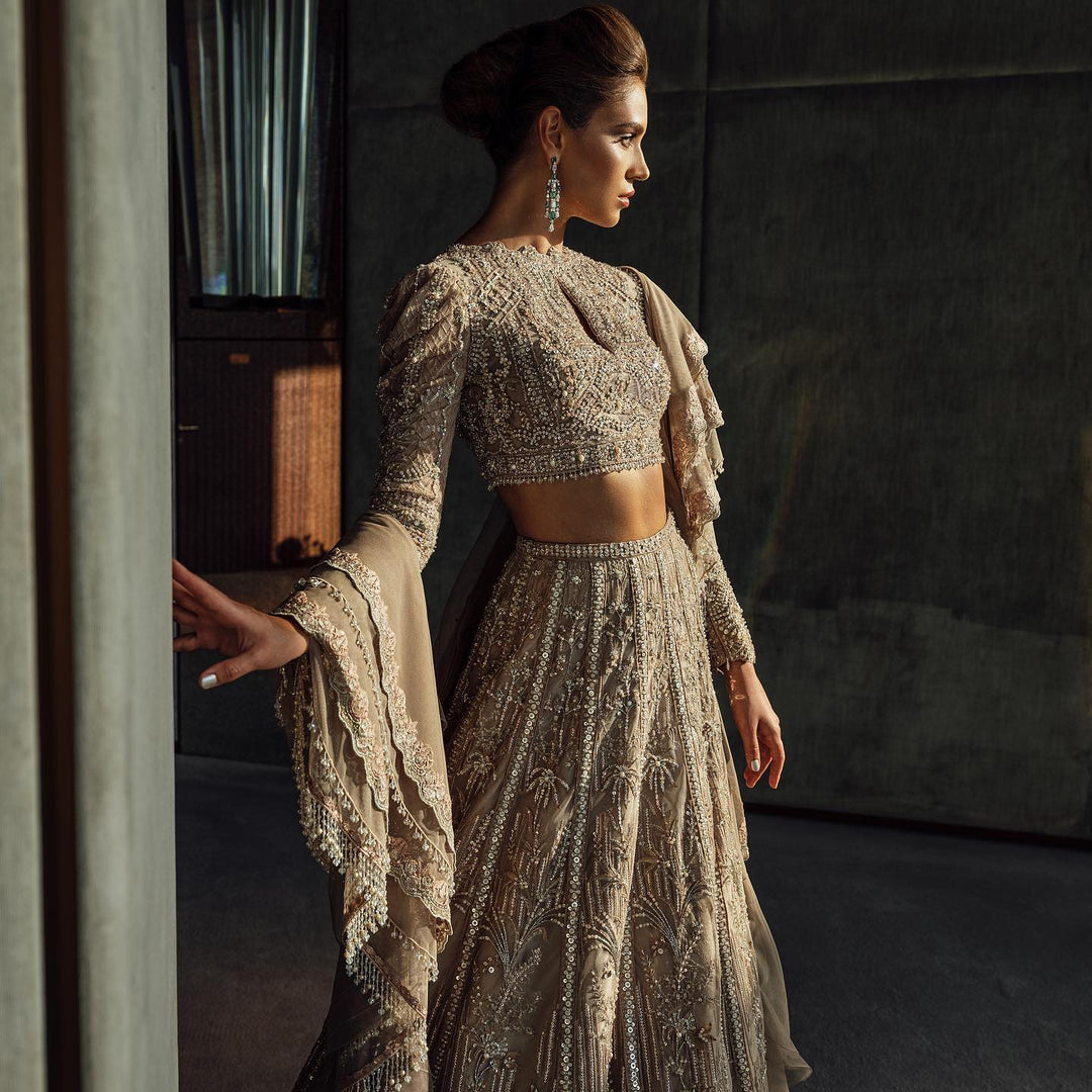 Heavy Bridal Grey and Gold Lehenga Choli Dress 2022