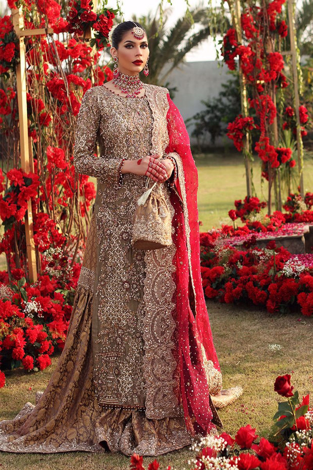 Heavy Golden Long Kameez Lehenga for Indian Bridal Wear