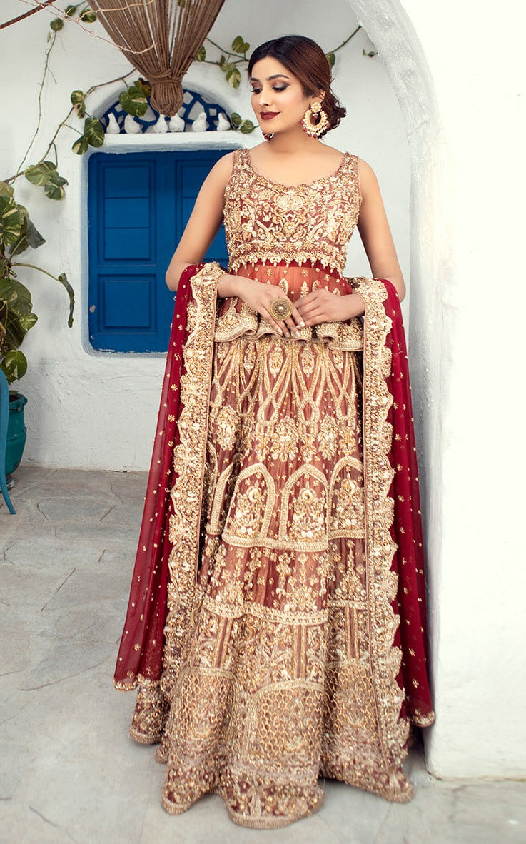 Heavy Indian Golden Red Lehenga for Marriage 