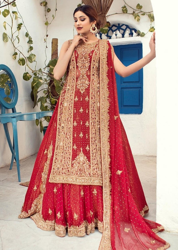 Heavy Indian Golden Red Lehenga for Wedding Wear 
