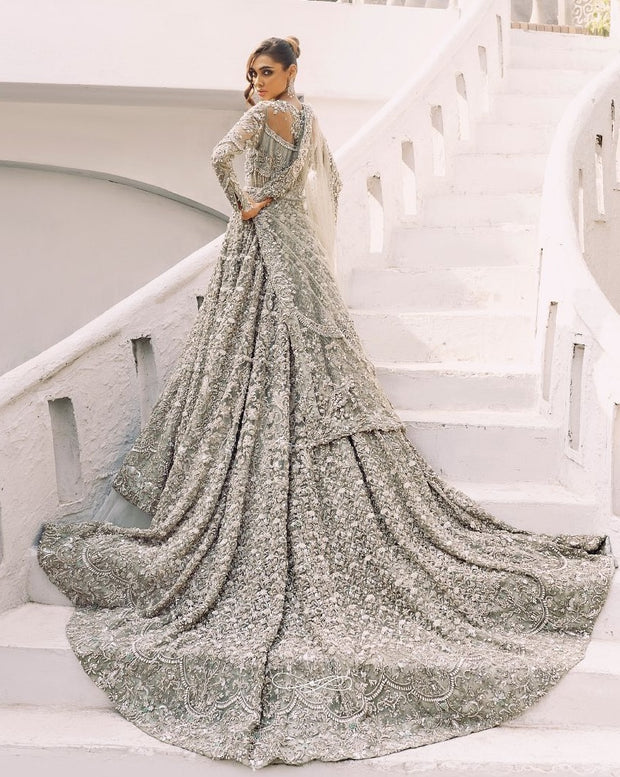 Heavy Long Tail Grey Lehenga Gown for Indian Bridal Wear Nameera by Farooq Heavy Long Tail Grey Lehenga Gown for Indian Bridal Wear Nameera by Farooq