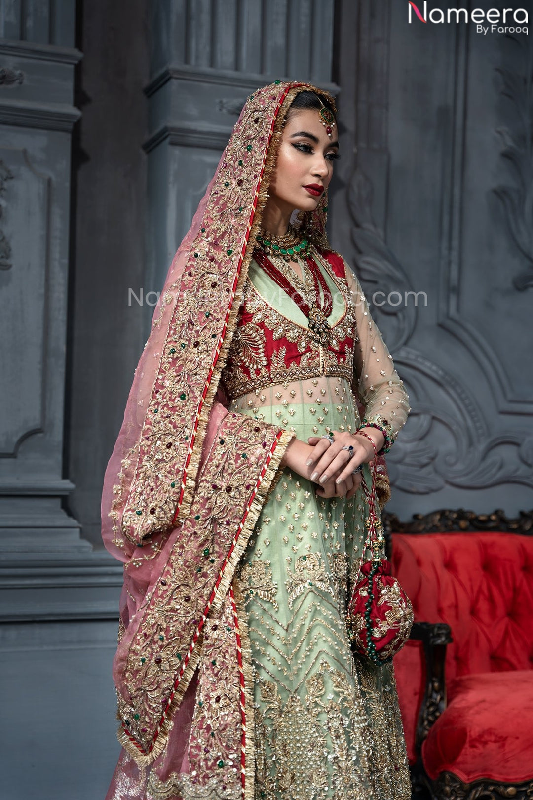 Heavy Mint Green Walima Dress for Bridal
