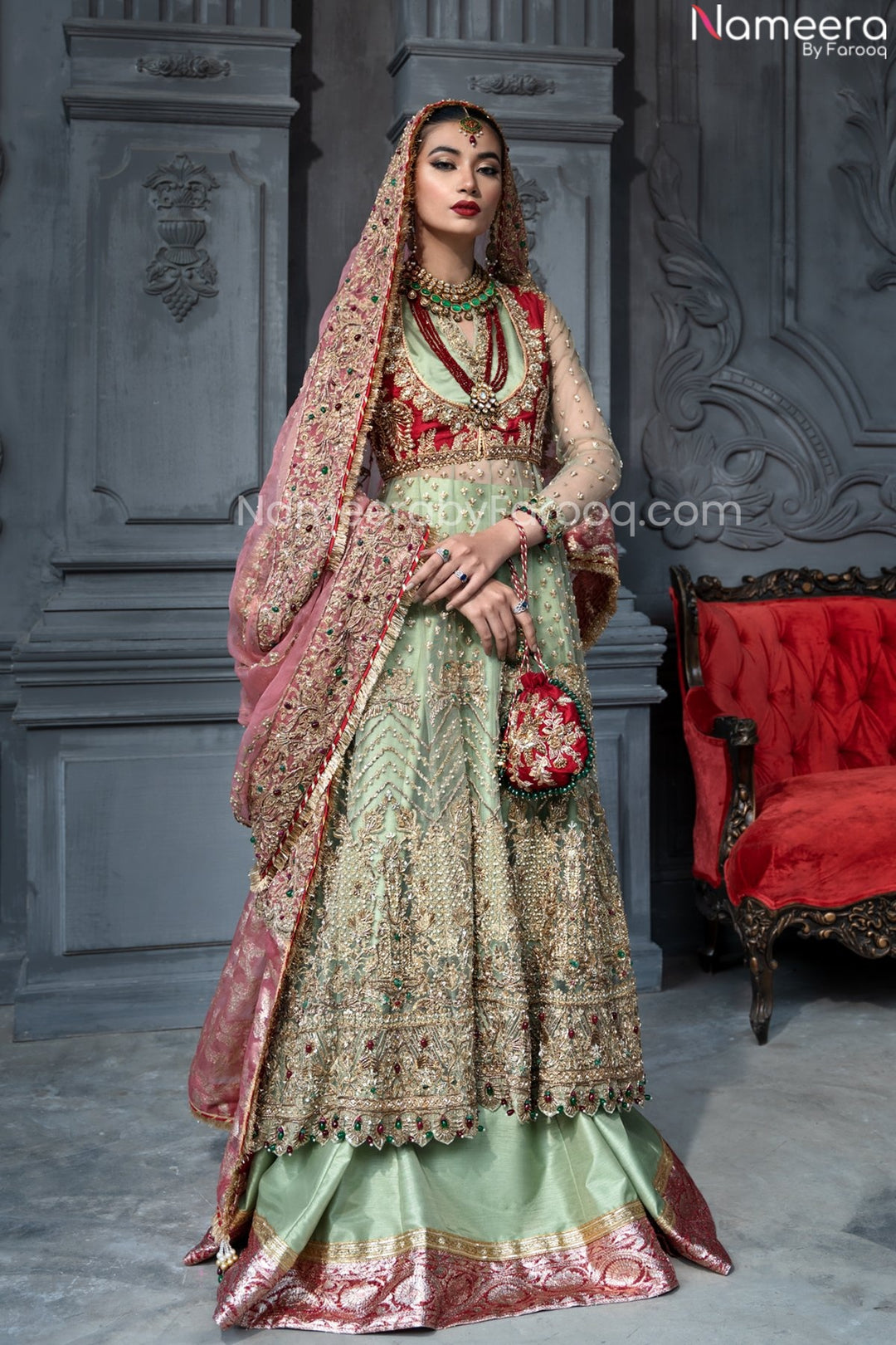 Heavy Mint Green Walima Dress for Bridal Wear