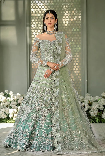 Heavy Pistachio Lehenga Gown for Indian Bridal Wear Nameera by Farooq