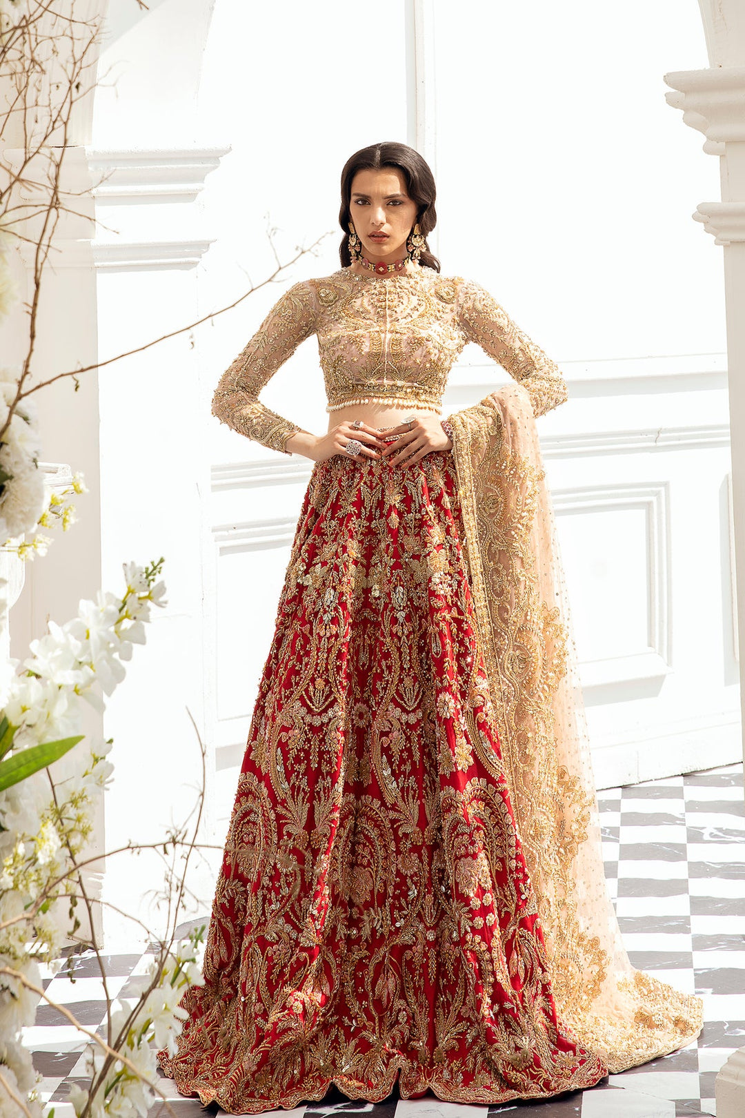 Heavy Red Golden Lehenga Choli for Indian Bridal Wear Nameera by Farooq