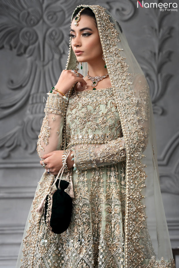 Designer Heavy Sea Green Walima Dress for Bridal Wear in Chiffon LARGE Designer Heavy Sea Green Walima Dress for Bridal Wear in Chiffon LARGE