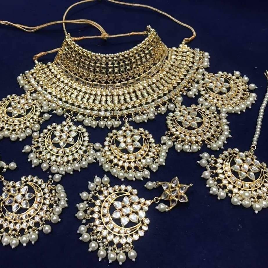 Heavy Crystal Jewellery Set with White Moti For Asian Bride