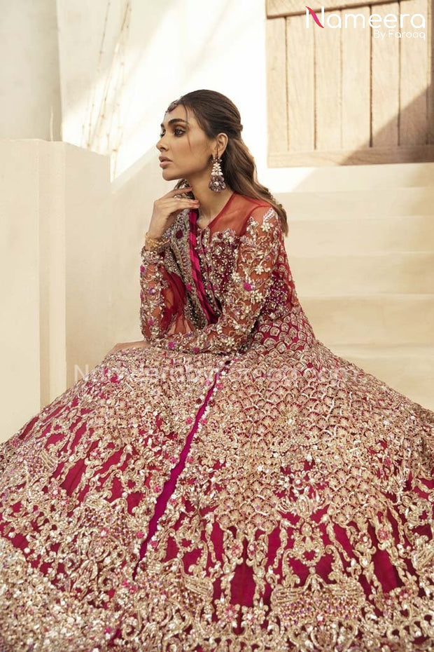 Hot Pink Lehenga with Red Front Open Gown Pakistani Dress Nameera by Farooq Hot Pink Lehenga with Red Front Open Gown Pakistani Dress Nameera by Farooq
