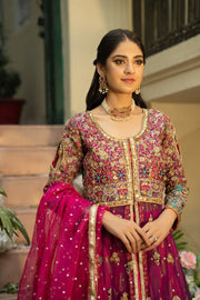 Hot Pink Lehenga and Open Frock Pakistani Bridal Dress Online