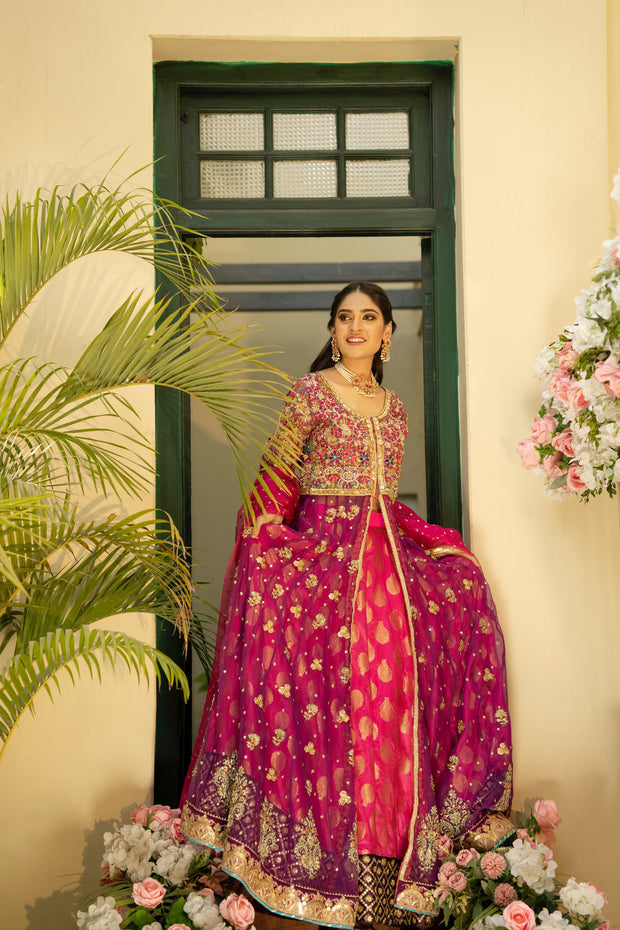 Hot Pink Lehenga and Open Frock Pakistani Bridal Dress