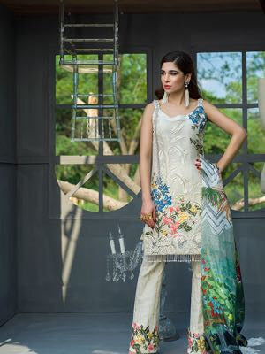 Beautiful chiffon dress by crimson in cream white color with pure silk dopata