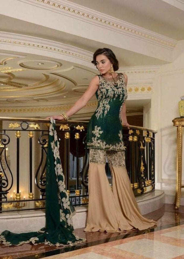 Beautiful chiffon hand made dress in dark bottle  green color