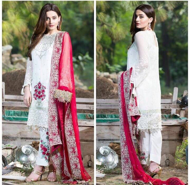 Beautiful chiffon dress by Imrozia in red and white color 