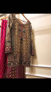 Pakistani Asian Beautiful bridal dress in golden Brown and red color Model #P 835