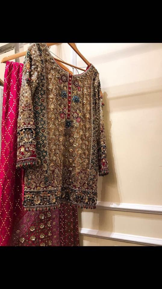 Pakistani Asian Beautiful bridal dress in golden Brown and red color Model #P 835