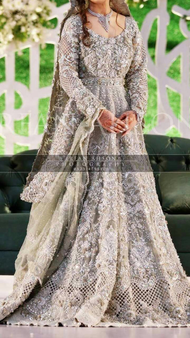 Pakistani bridal maxi in mint green color Model# W 834