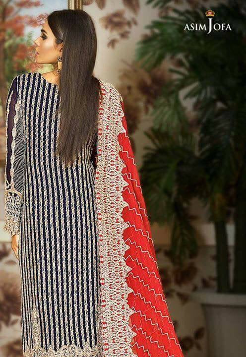 Beautiful chiffon dress by asim jofa in dark blue and red color