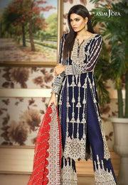 Beautiful chiffon dress by asim jofa in dark blue and red color