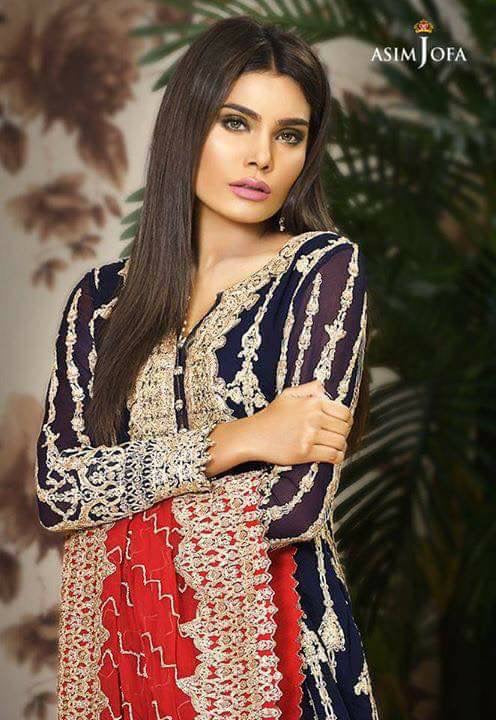 Beautiful chiffon dress by asim jofa in dark blue and red color