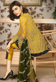 Beautiful chiffon dress by asim jofa in green yellow and dark green color