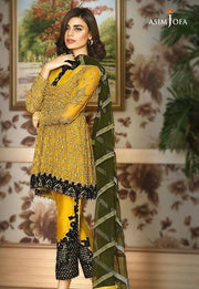 Beautiful chiffon dress by asim jofa in green yellow and dark green color