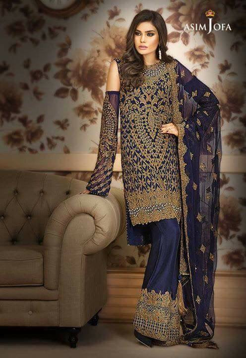 Beautifull chiffon dress by asim jofa in dark blue and dull golden color