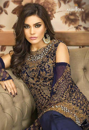 Beautifull chiffon dress by asim jofa in dark blue and dull golden color