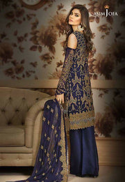 Beautifull chiffon dress by asim jofa in dark blue and dull golden color