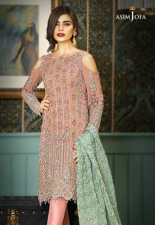 Beautiful chiffon dress by asim jofa in tea pink and mint green color