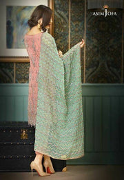 Beautiful chiffon dress by asim jofa in tea pink and mint green color