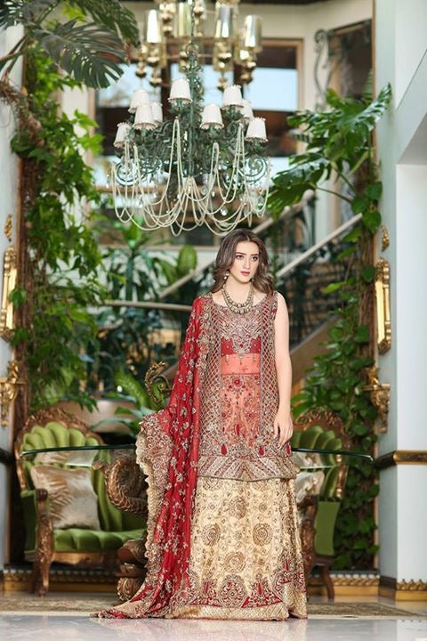 Pakistani bridal lahnga in skin golden and red color Model #W 845