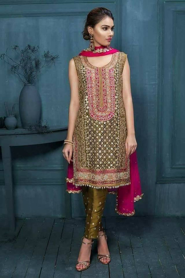 Beutifull wedding party dress in green gold and shoking pink color Model# W 891
