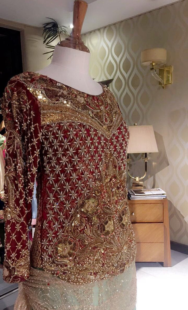 Red goldan copper wedding party dress with dull gold dabka  nagh zariModel#P 35
