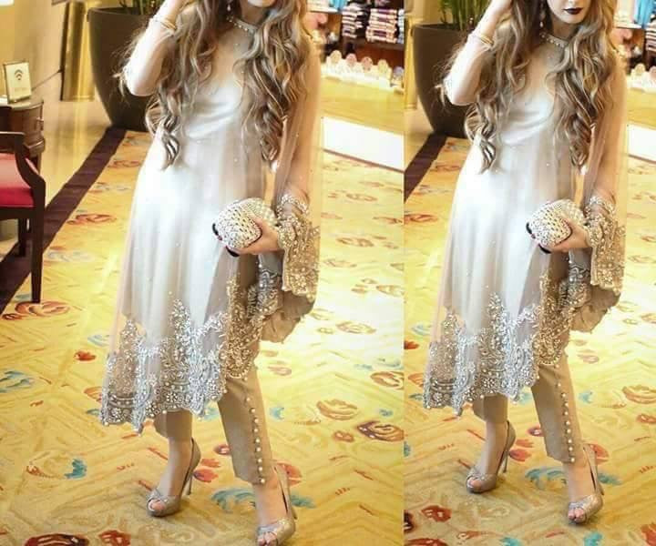 Gray shimry party dress on net cloth with cut work nagh and pearls work Model#P 31