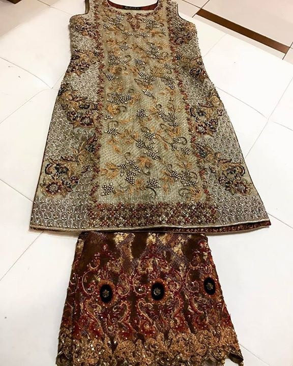 Off white golden and maroon gharara jamawar cloth set with heavydabka kut dana threads nagh and moti  work#G 30