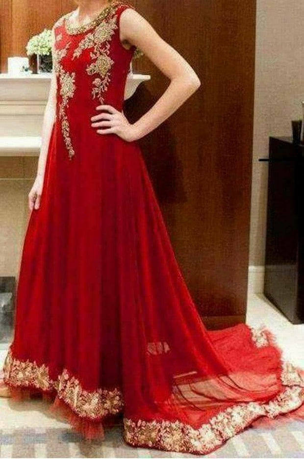 Wedding party maxi in hot red color with pure dabka and zari work Model#P 303
