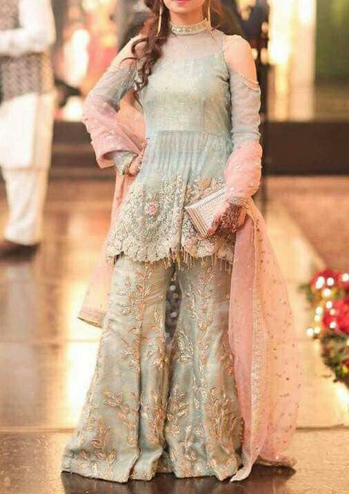 Wedding party ghara set in pink and gray color with dabka threds zari perfect sequence and cutwork Model#P 296