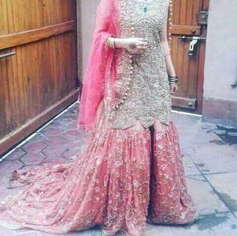 Wedding bridal gharara set in golden silver and baby pink color cloth based on net and tissue Model # B 389