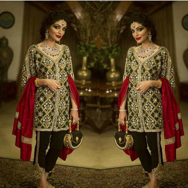 Green and red mahroonish heavy wedding party dress with pure dabka nagh pearls and zari work Model#P 21