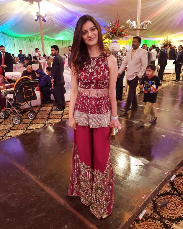 Mroon wedding party dress with dabkanagh and zari pearl work Model#P 22