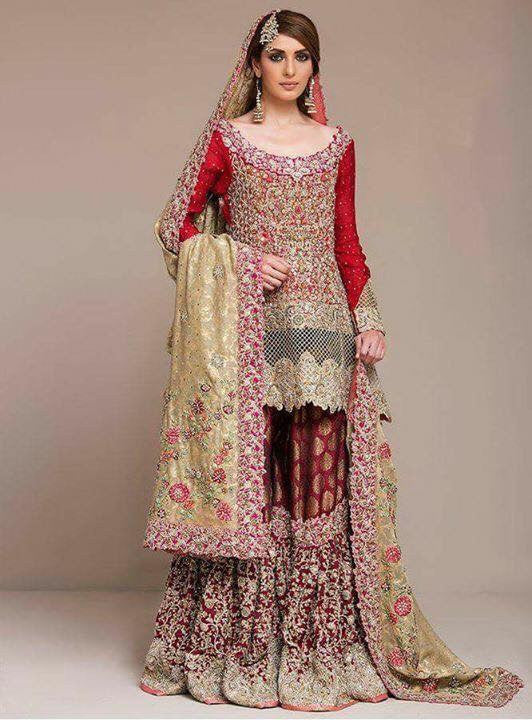 Dulhan red golden and maroon lahna with dabka nagh zari and cut work  Model#D 20