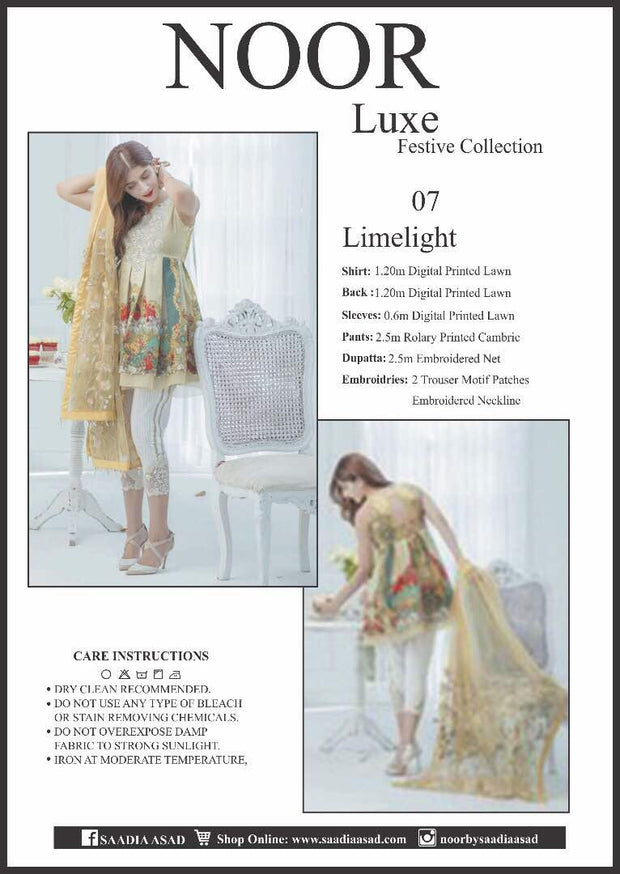 Lawn dress by noor luxe in lemon and white color Model# Eid 522
