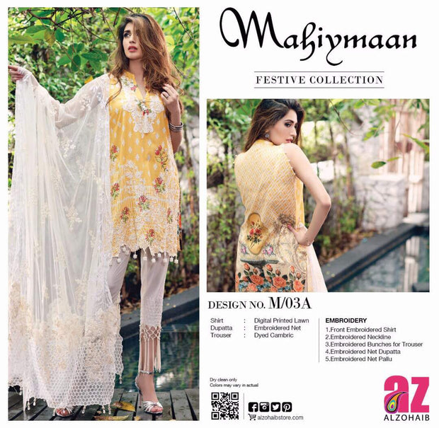 Lawn dress by mahiymaan in yellow and white Model#Eid 521