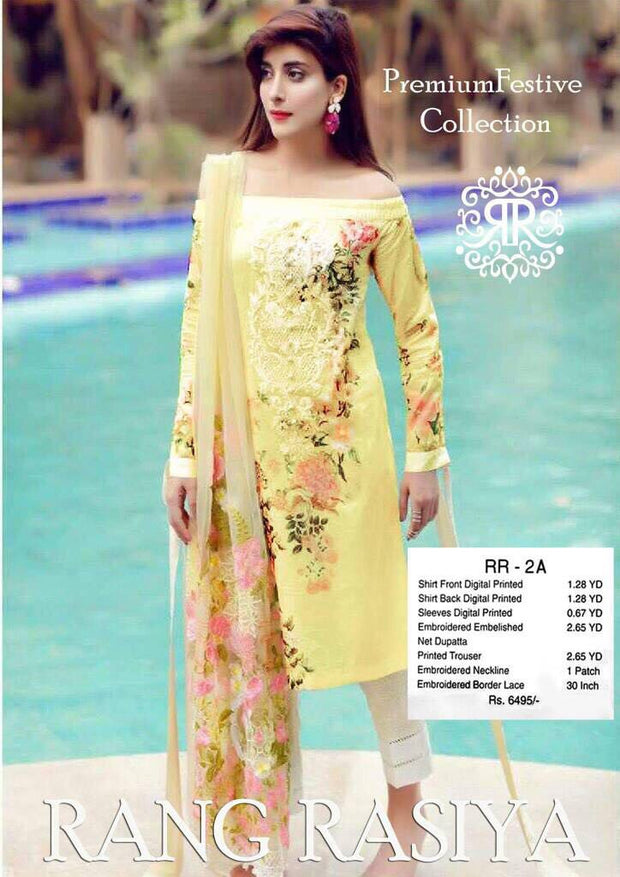 Lawn dress by rang rasyia in lemon color Model # Eid 519