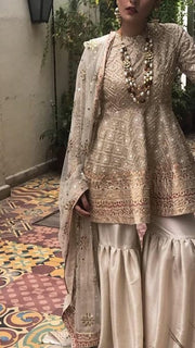 Bridal gharara set for nikah bride in offwhite color with golden work Model#W 537