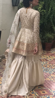 Bridal gharara set for nikah bride in offwhite color with golden work Model#W 537